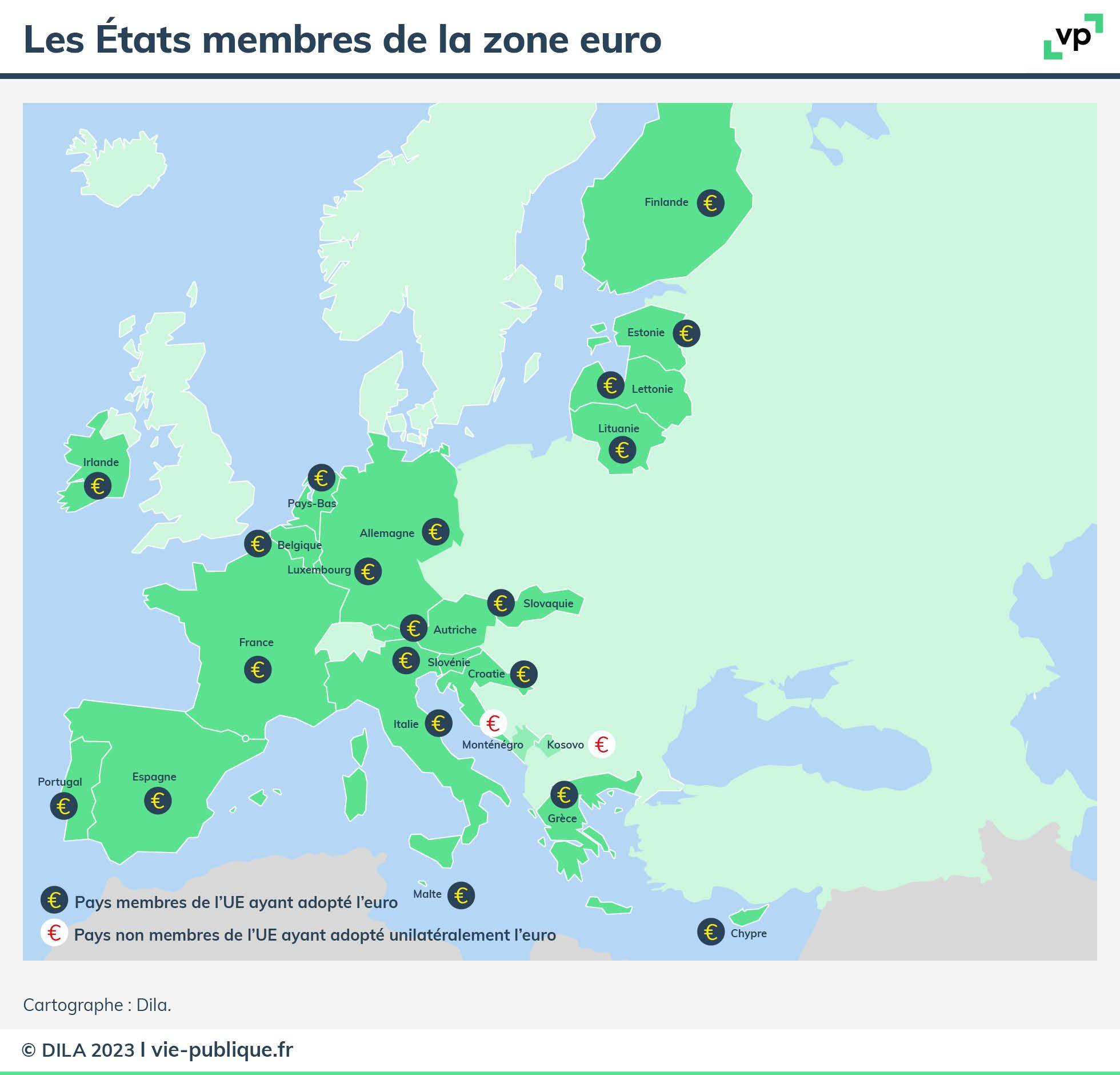 Carte des pays qui ont adopté l'euro comme monnaie officielle 